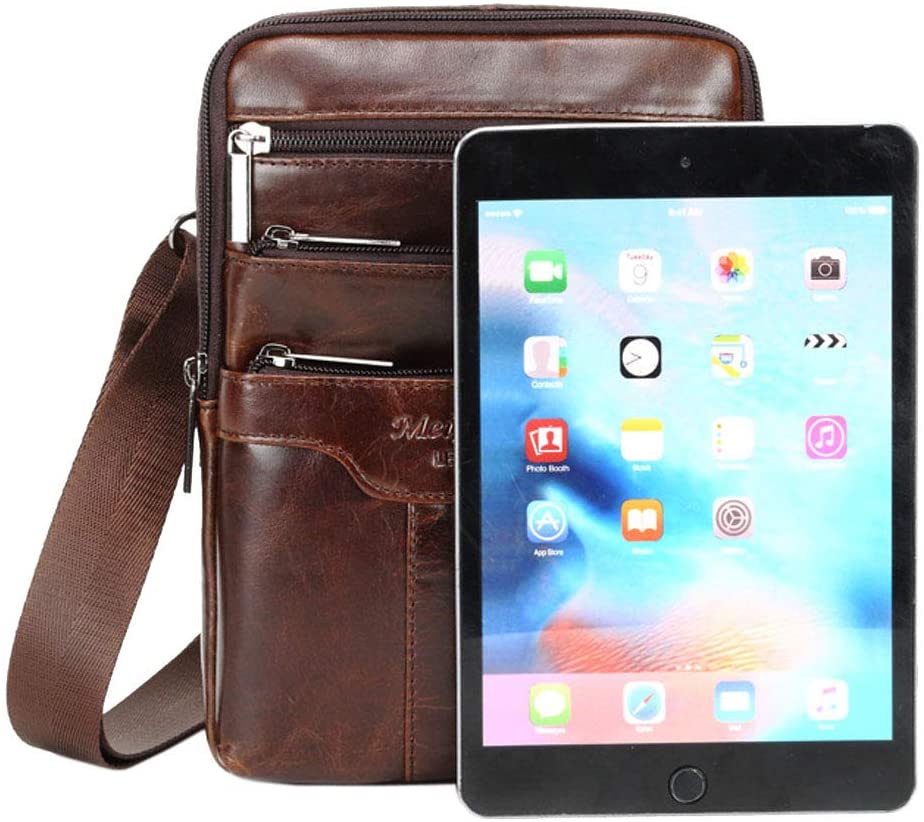 Leather Shoulder Messenger Bag for Men Travel Business Crossbody Pack Wallet Phone Pouch Purse Daypack Coffee