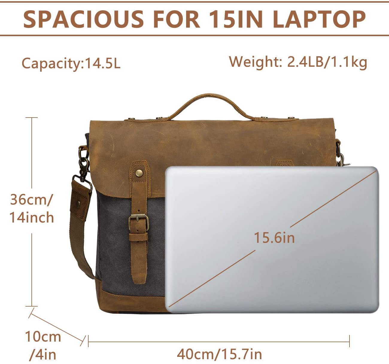 Casual Genuine Leather Canvas Messenger Bag 15.6 inch Laptop Shoulder Bag