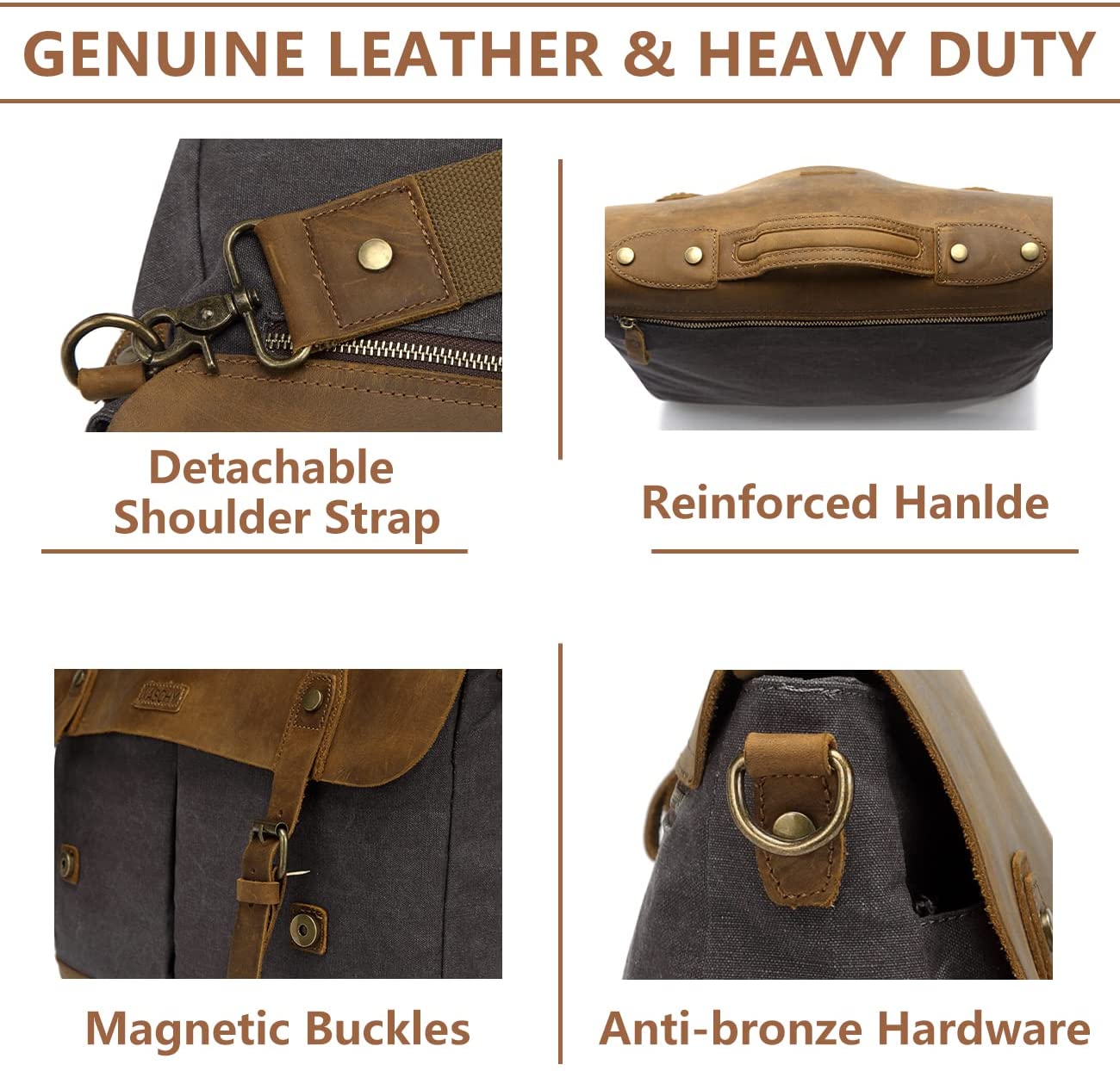 Casual Genuine Leather Canvas Messenger Bag 15.6 inch Laptop Shoulder Bag