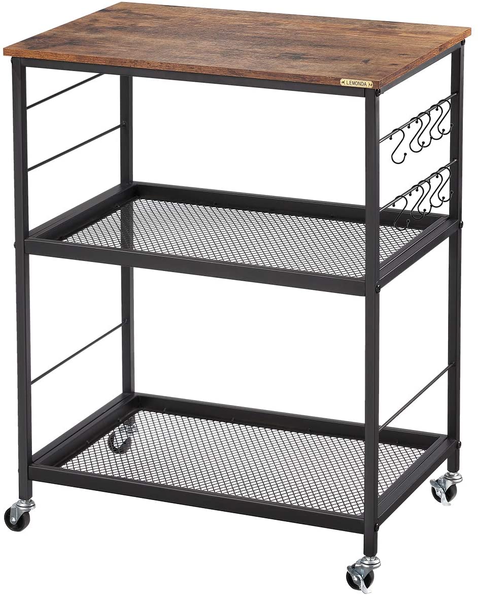 Industrial 3-Tier Kitchen Serving Cart,Rolling Baker’s Rack on Wheels with Storage,Microwave Oven Stand with 10 Hooks for Home & Bar