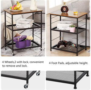 Industrial 3-Tier Kitchen Serving Cart,Rolling Baker’s Rack on Wheels with Storage,Microwave Oven Stand with 10 Hooks for Home & Bar