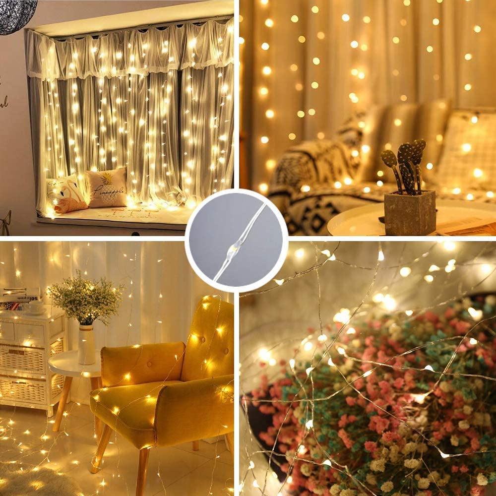 Curtian String Lights, 300 LEDs Window Curtain Fairy Lights Copper Wire Twinkle Star String Lights