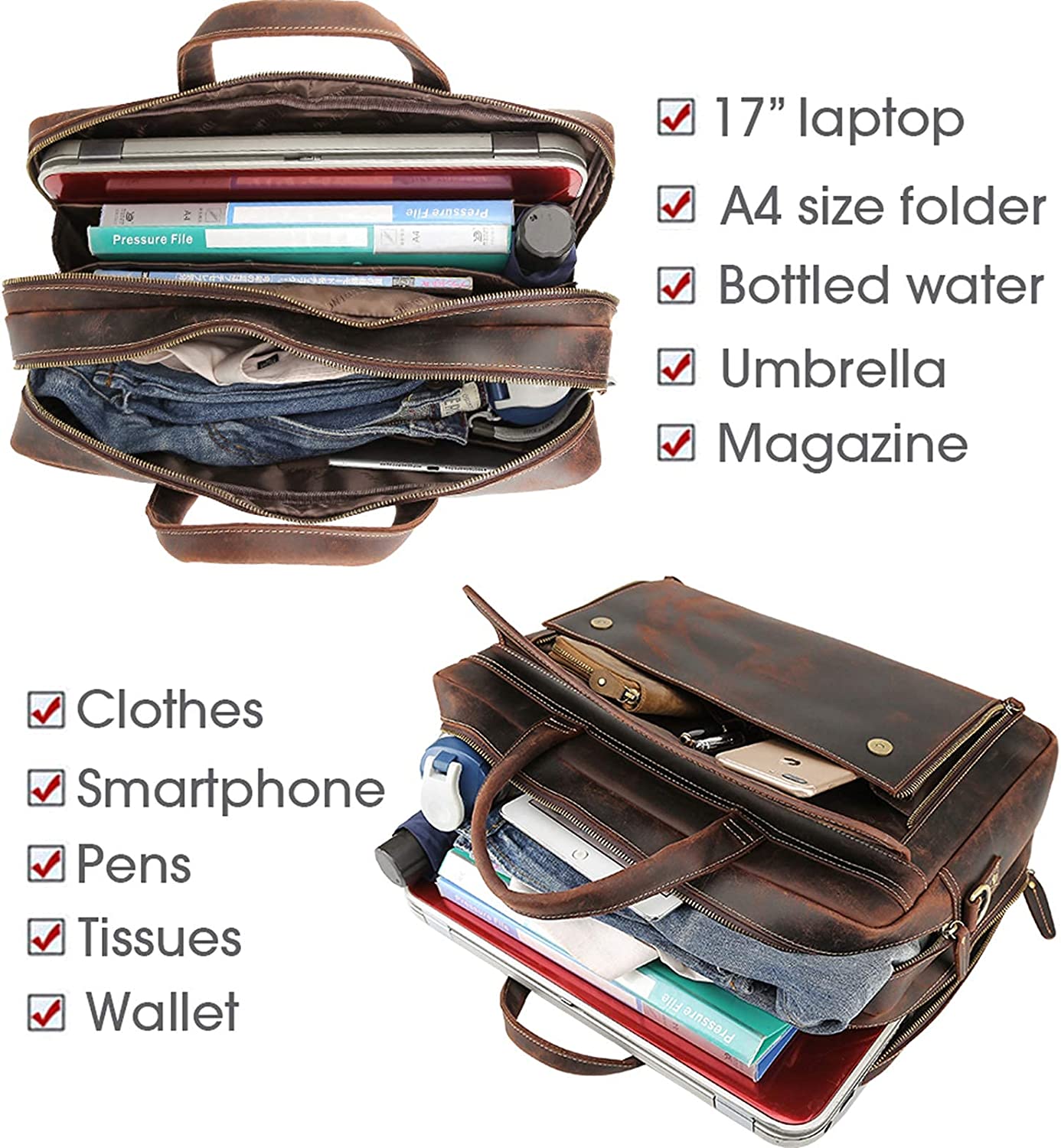 Leather Briefcase for Men 17 Inch Laptop Computer Case Business Travel Work Messenger Cross Body Shoulder Bag