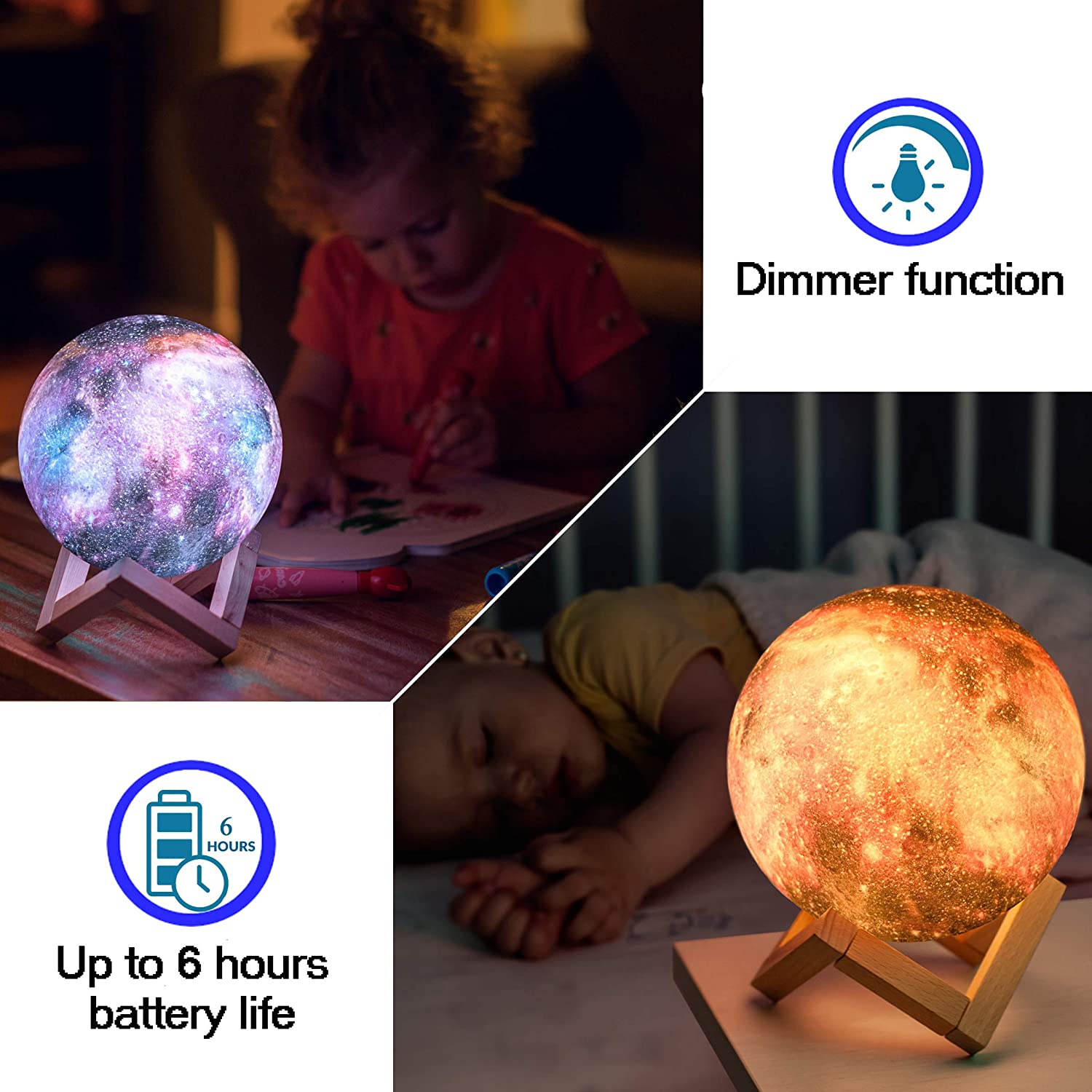 Moon Lamp Night Light,16 Colors LED Moon Light with 4 Modes USB Charging and Wooden Stand，Remote & Touch Control（15cm/5.9inch)