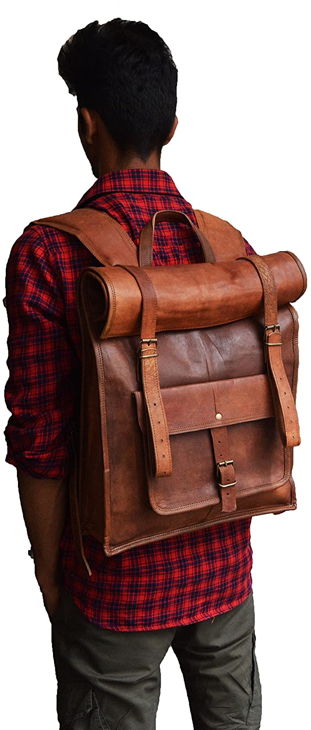 22" Brown Leather Backpack Vintage Rucksack Laptop Bag Water Resistant Roll Top College Bookbag Comfortable Lightweight Travel Hiking/Picnic for Men