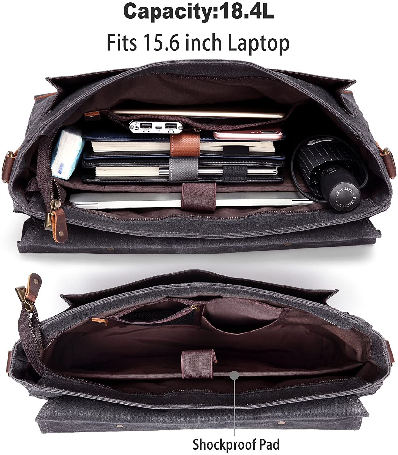 Messenger Bag for Men, Vintage Waxed Canvas Leather Water Resistant 15.6 inch Laptop Satchel Business Briefcase Shoulder Bag Gray