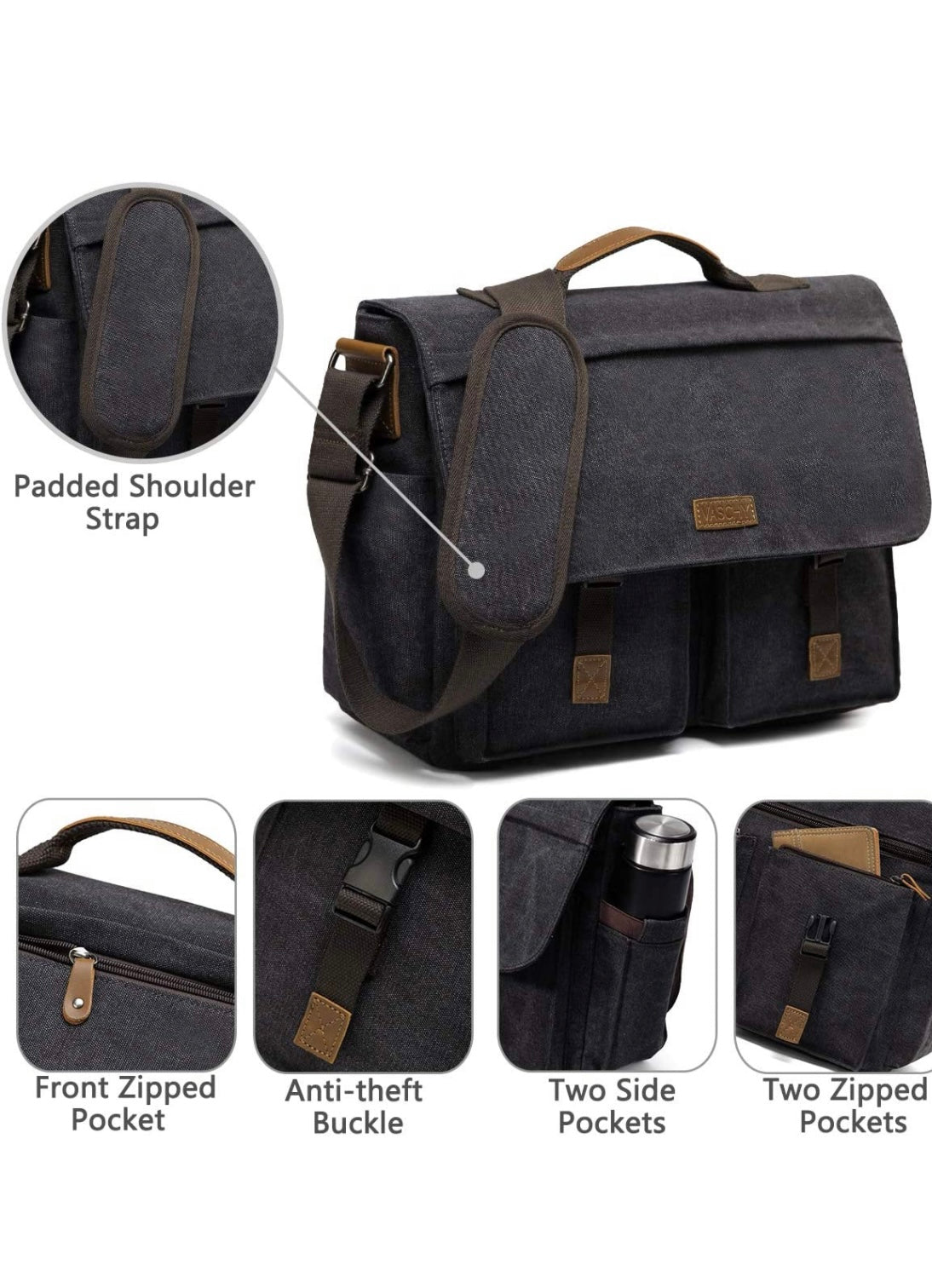 Messenger Bag for Men, Vintage Water Resistant Waxed Canvas Satchel 15.6 inch Laptop Briefcase Shoulder Bag with Padded Shoulder Strap