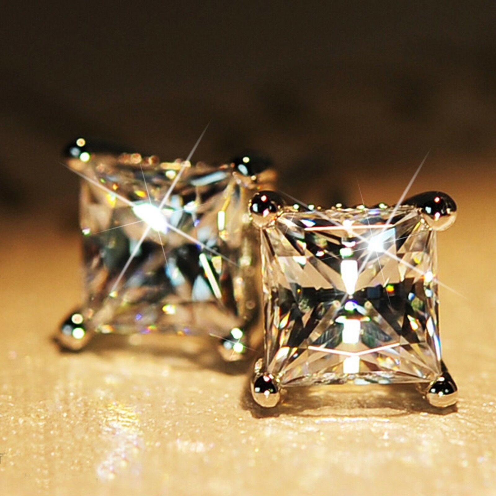 18k white gold plated made with swarovski crystal princess cut square stud earrings