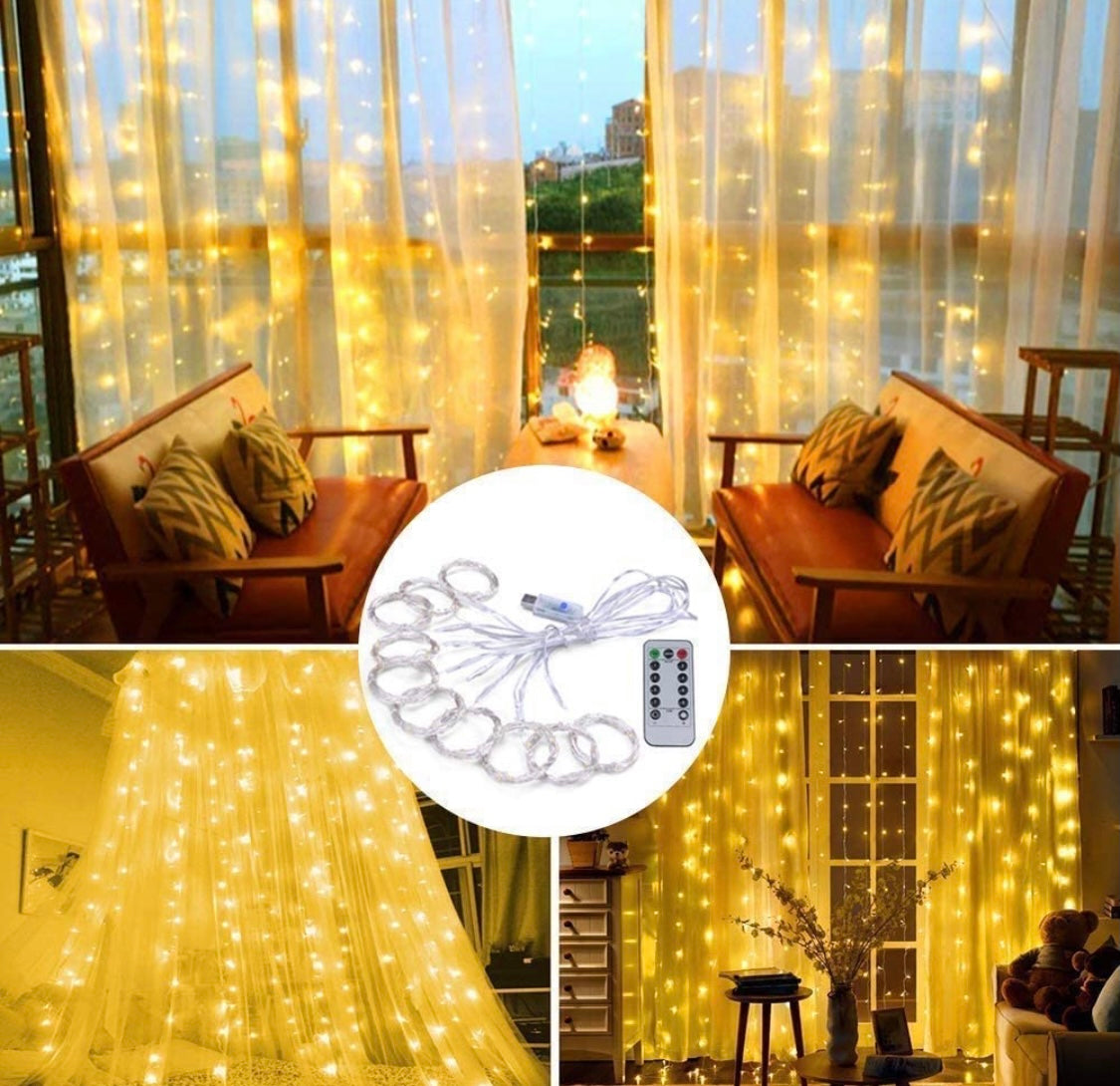 Fairy Curtain Lights, 300 LED Window Curtain String Light Wedding Party Home Garden Bedroom Outdoor Indoor Wall Decorations (Warm White)