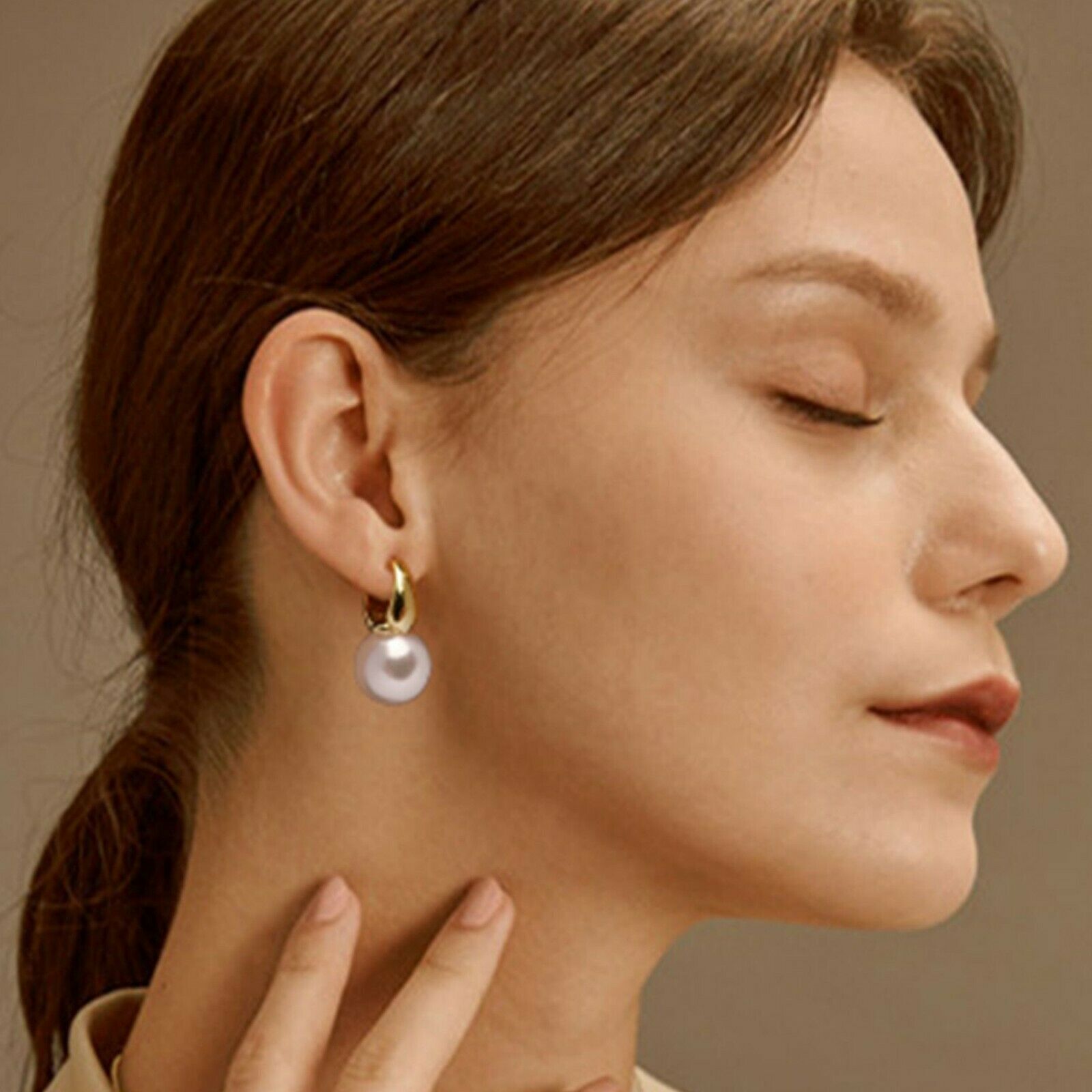 18k yellow gold plated 14mm pearl huggies dangle drop classic designer earrings