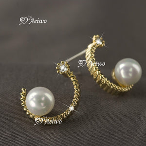 18K GOLD FILLED MADE WITH SWAROVSKI CRYSTAL WOMEN PEARL EARRINGS