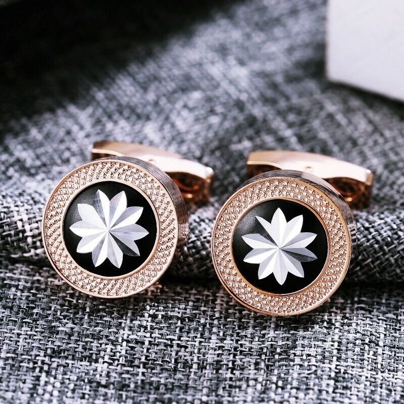 18K Rose Gold Filled Simulated Agate White Flower Black Round Men's Cufflinks