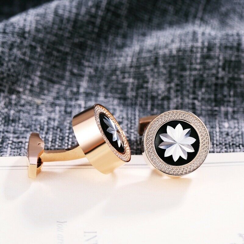 18K Rose Gold Filled Simulated Agate White Flower Black Round Men's Cufflinks