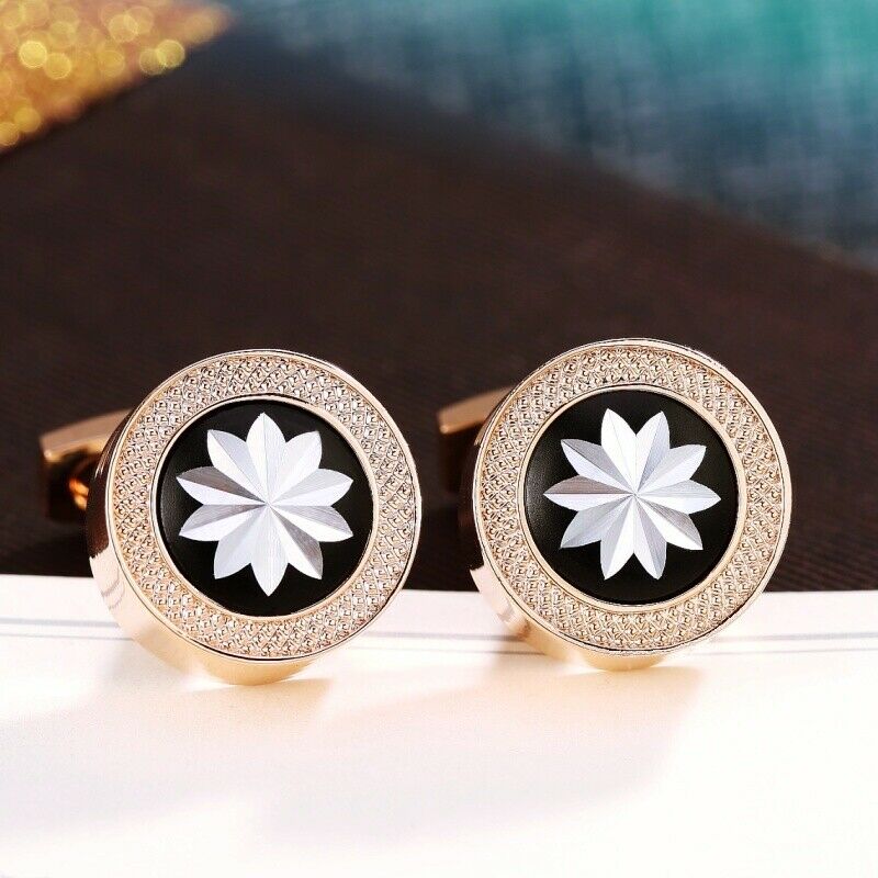 18K Rose Gold Filled Simulated Agate White Flower Black Round Men's Cufflinks