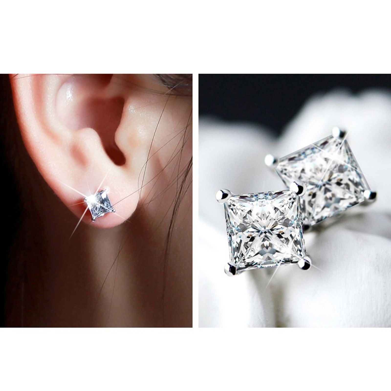 18k white gold plated made with swarovski crystal princess cut square stud earrings