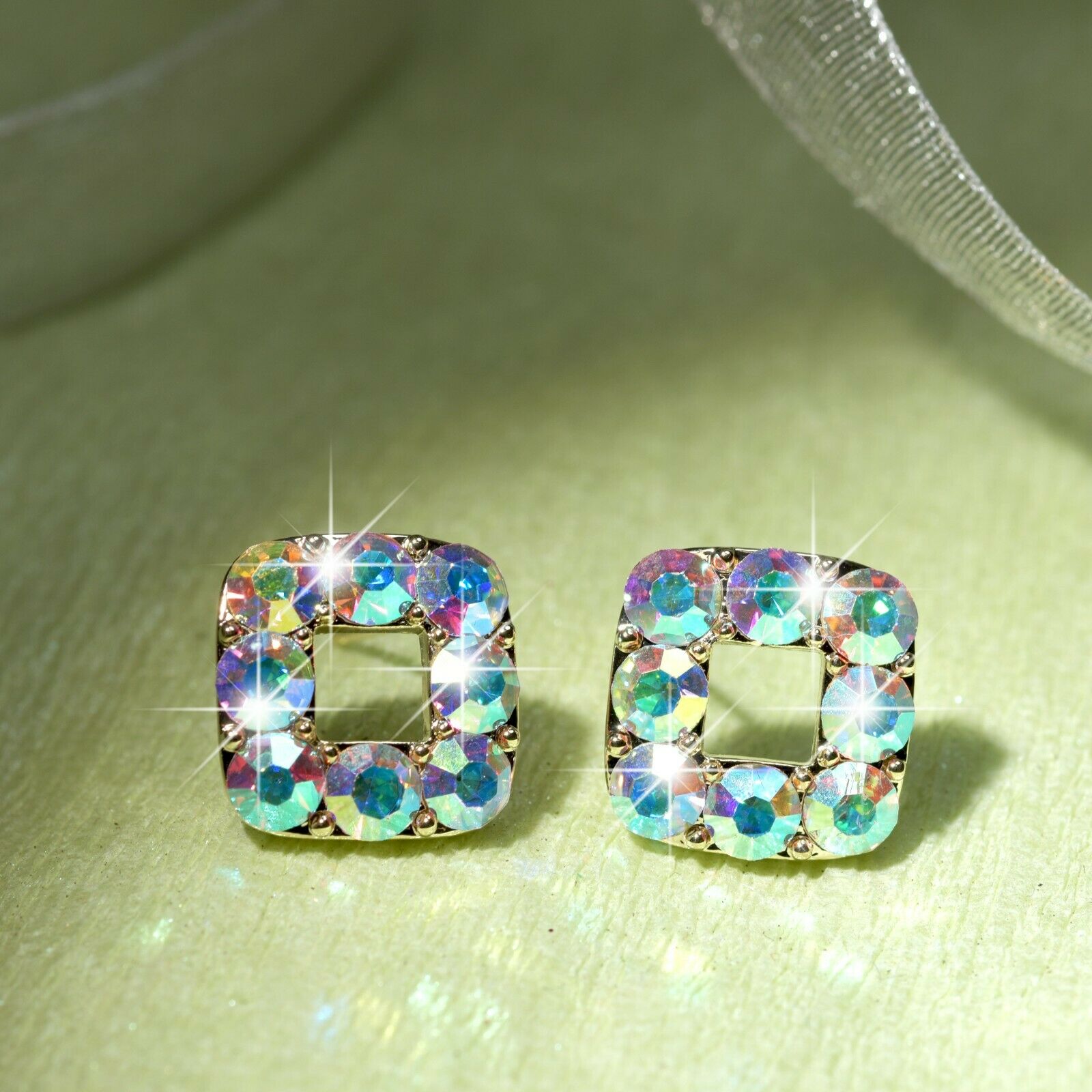 18k gold Plated made with SWAROVSKI crystal AB square stud earrings 13mm 925 silver pin