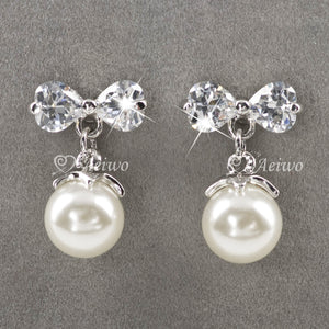 18K WHITE GOLD FILLED MADE WITH SWAROVSKI CRYSTAL PEARL BOW TIE STUD EARRINGS