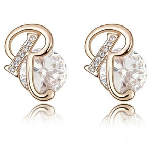 18K Rose Gold Plated Made With Genuine Swarovski Crystal Letter R Stud Earrings